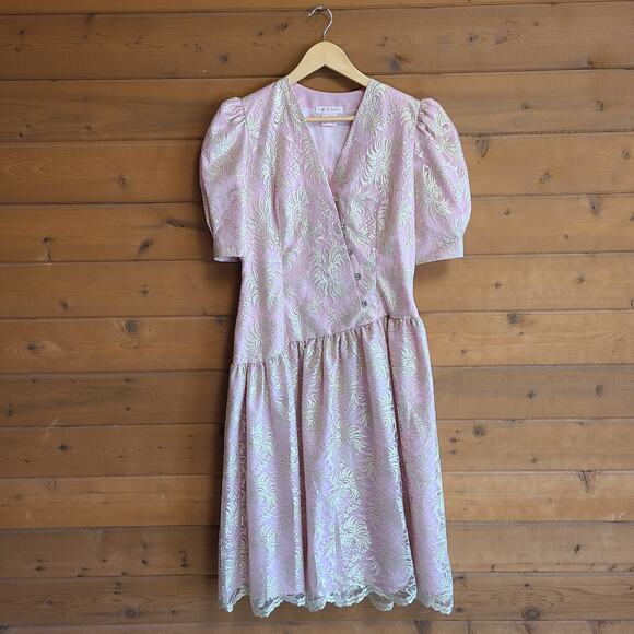 Vintage Dresses & Skirts - Vintage Dress Halston Midi Pink Gold Lace Drop Waist Vneck 10 Feminine Retro
